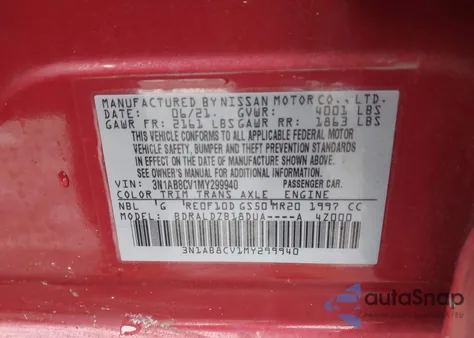 2021 Nissan Sentra Sv Xtronic Cvt z USA, uszkodzony, nr VIN 3N1AB8CV1MY299940